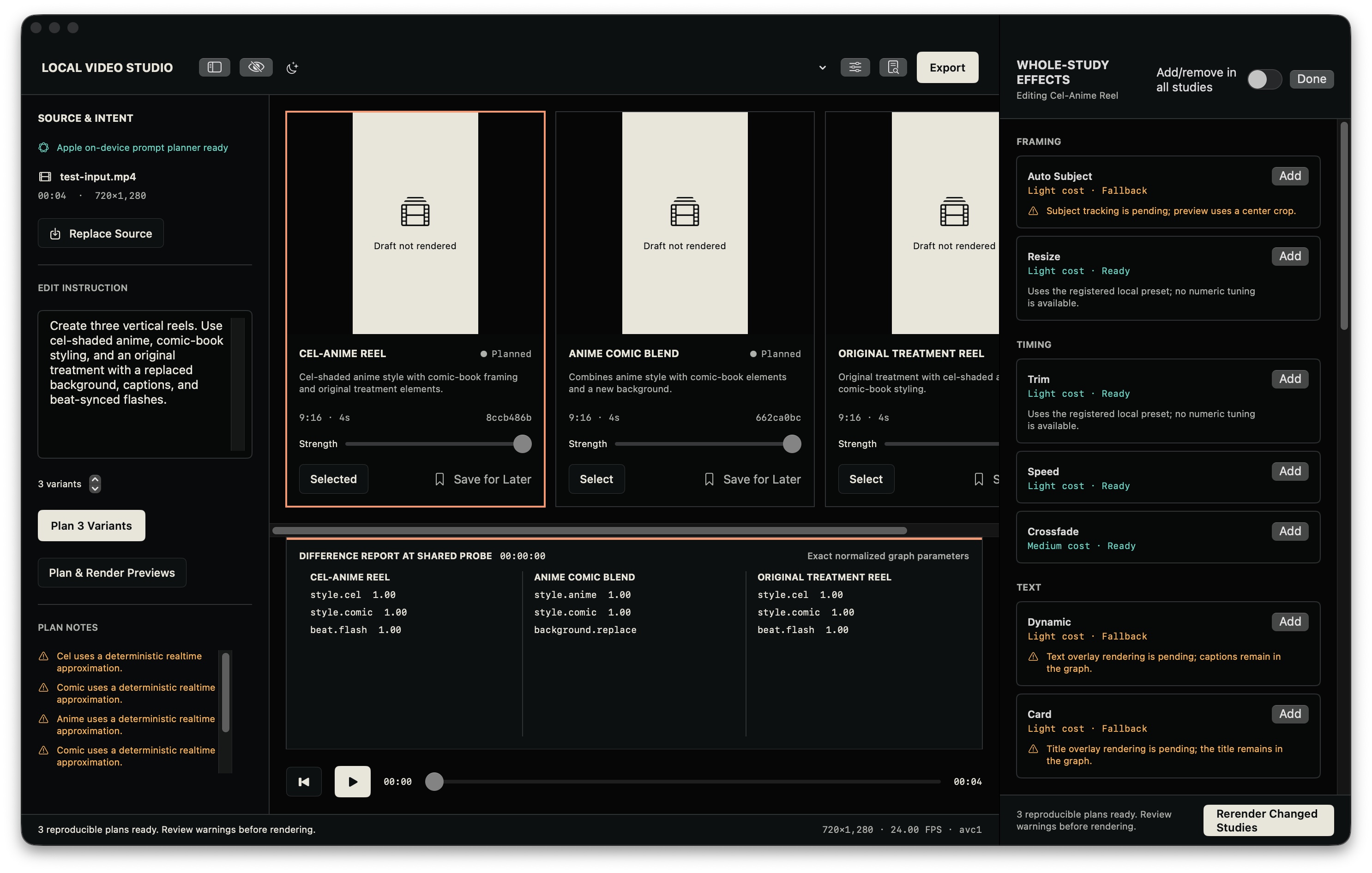 The native dark Local AI Video Studio effect catalog and three-study comparison workspace.