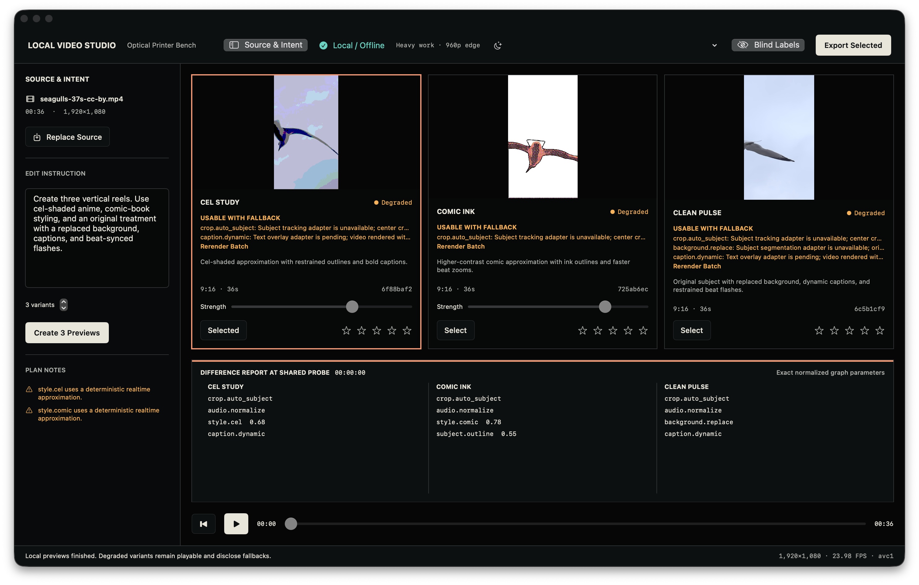 Local AI Video Studio comparing three rendered vertical video variants with their disclosed fallbacks and a shared graph difference report.